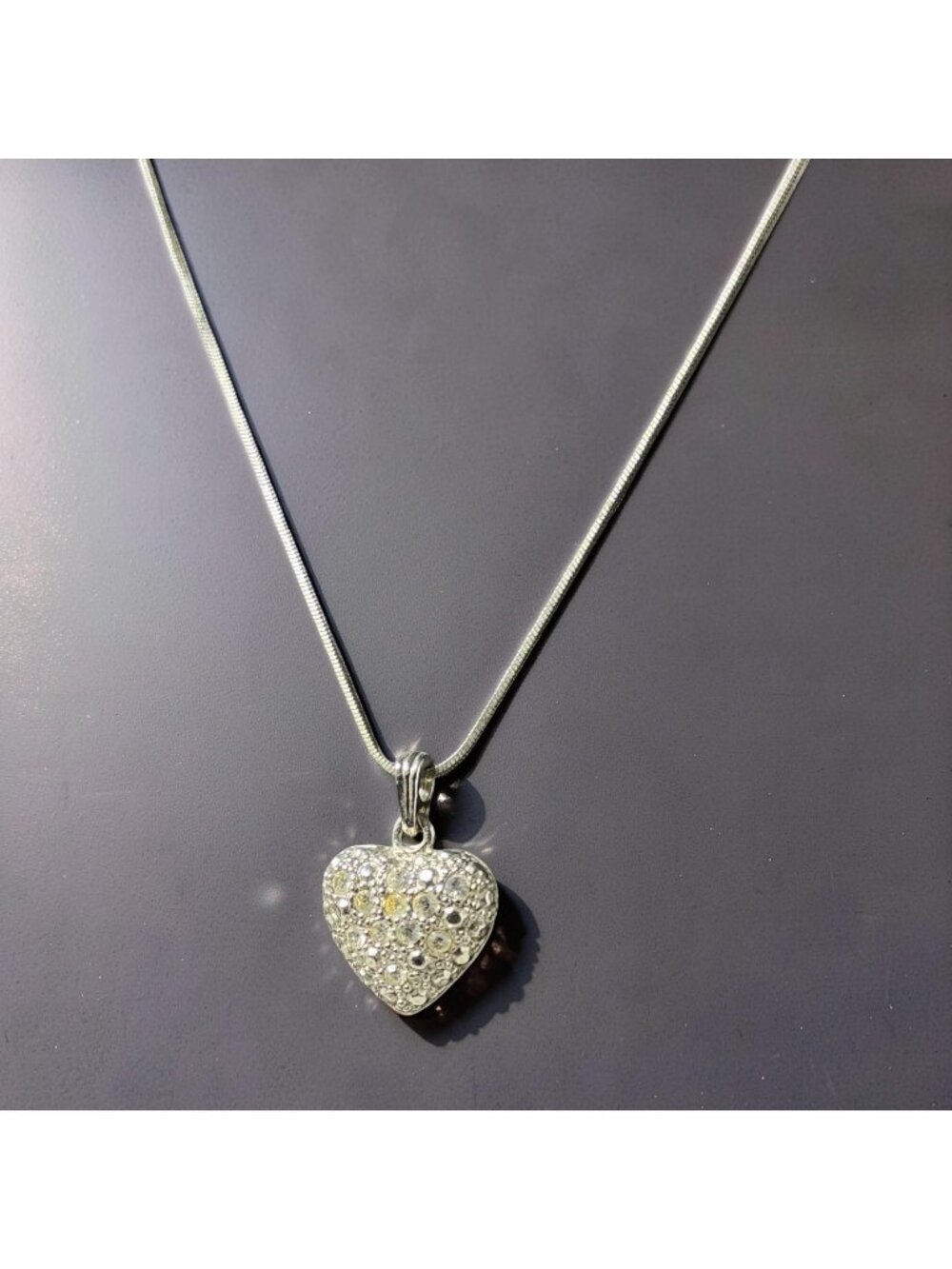 Vintage Large Heart Silver Crystal Charm Necklace with Adjustable Serpentine Cha
